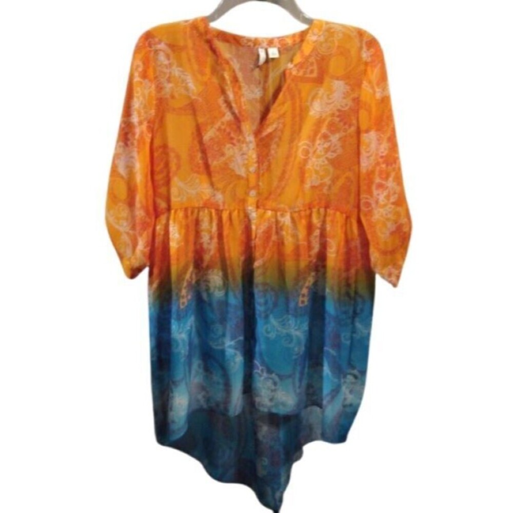 Womens Tunic Top Size L Sheer Colorful Est 1946 3/4 Sleeve